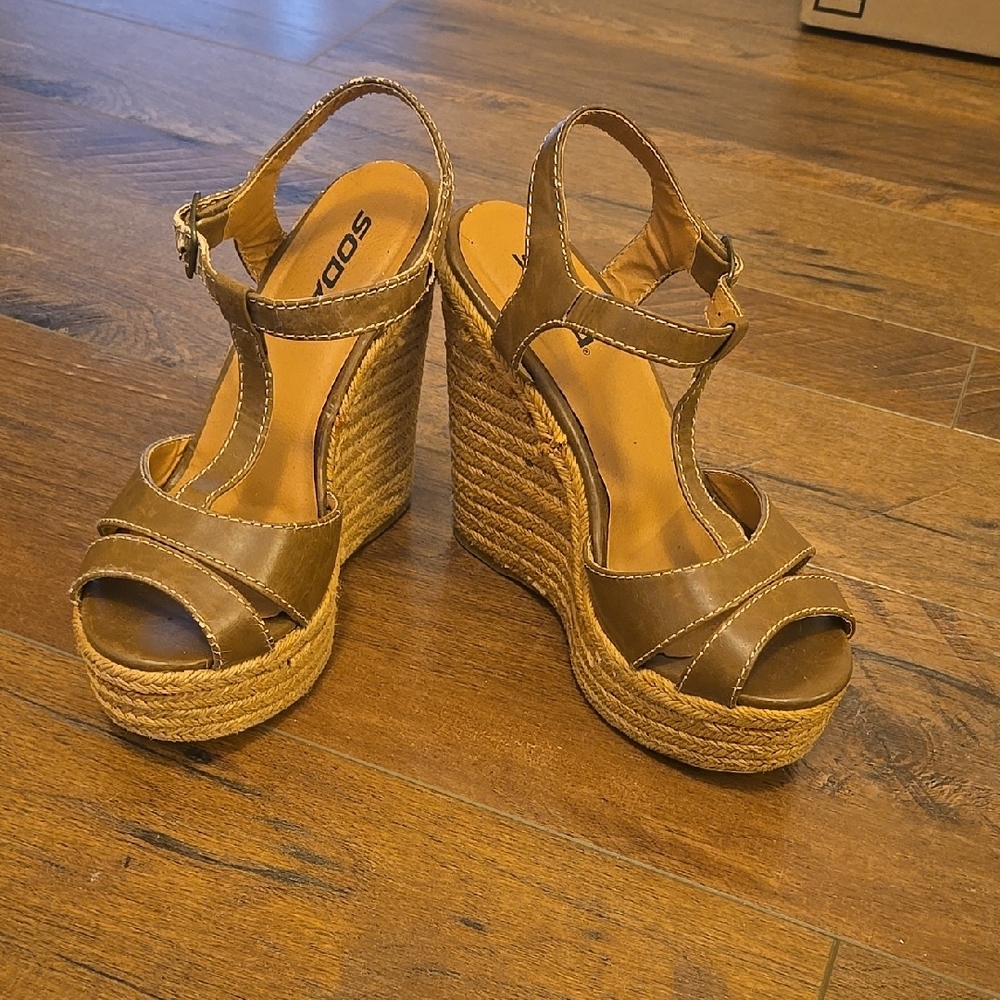 Soda Brown Wedge Sandals with Ankle Strap